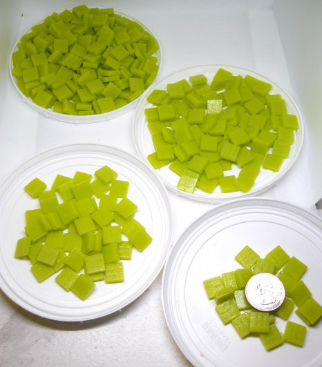 1 oz, 2 oz, 4 oz, 8 oz sizs of 129-m Lemon Meringue matte 12mm square glass mosaic tiles in bright yellow-green color, perfect for mosaic artwork and home décor projects