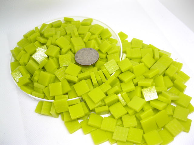 129-m Lemon Meringue 12mm square glass mosaic tiles in bright yellow-green color, perfect for mosaic artwork and home décor projects 16 ounces