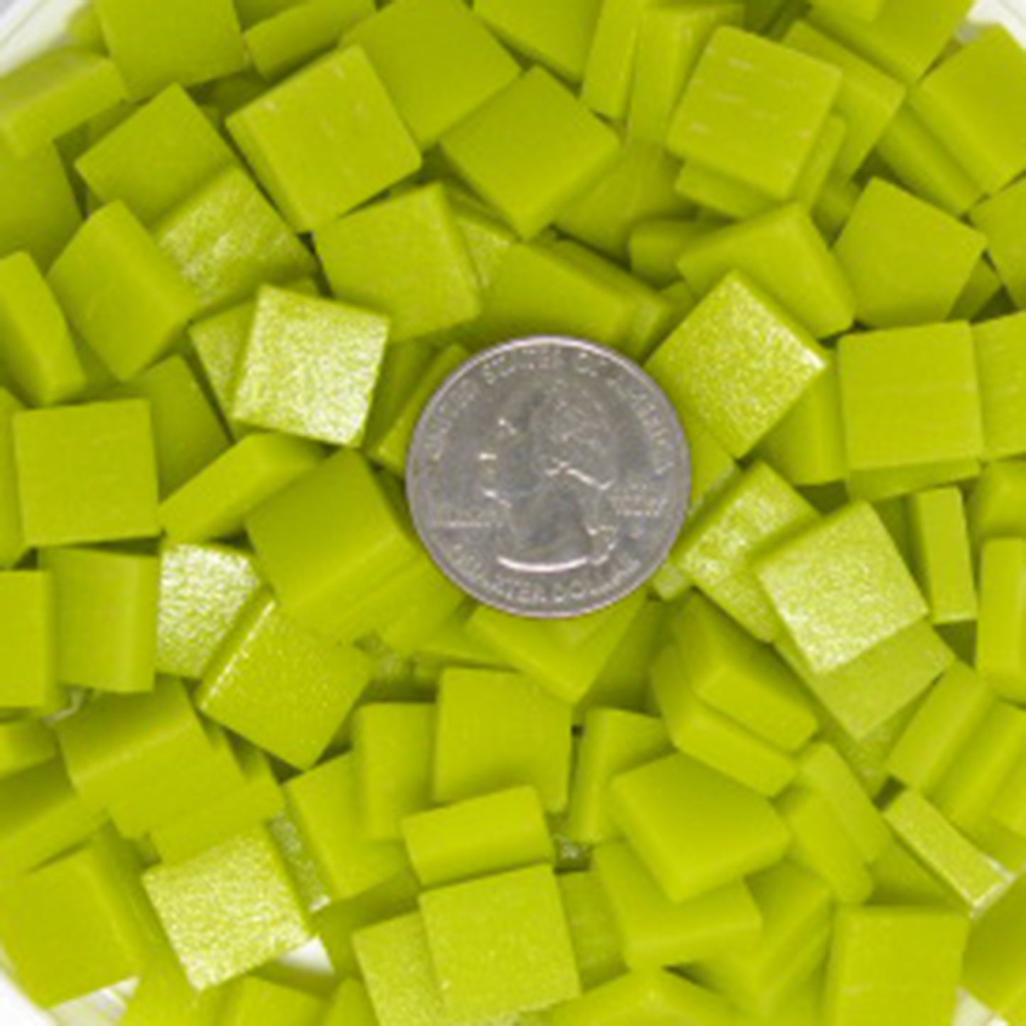 129-m Lemon Meringue matte 12mm square glass mosaic tiles in bright yellow-green color, perfect for mosaic artwork and home décor projects
