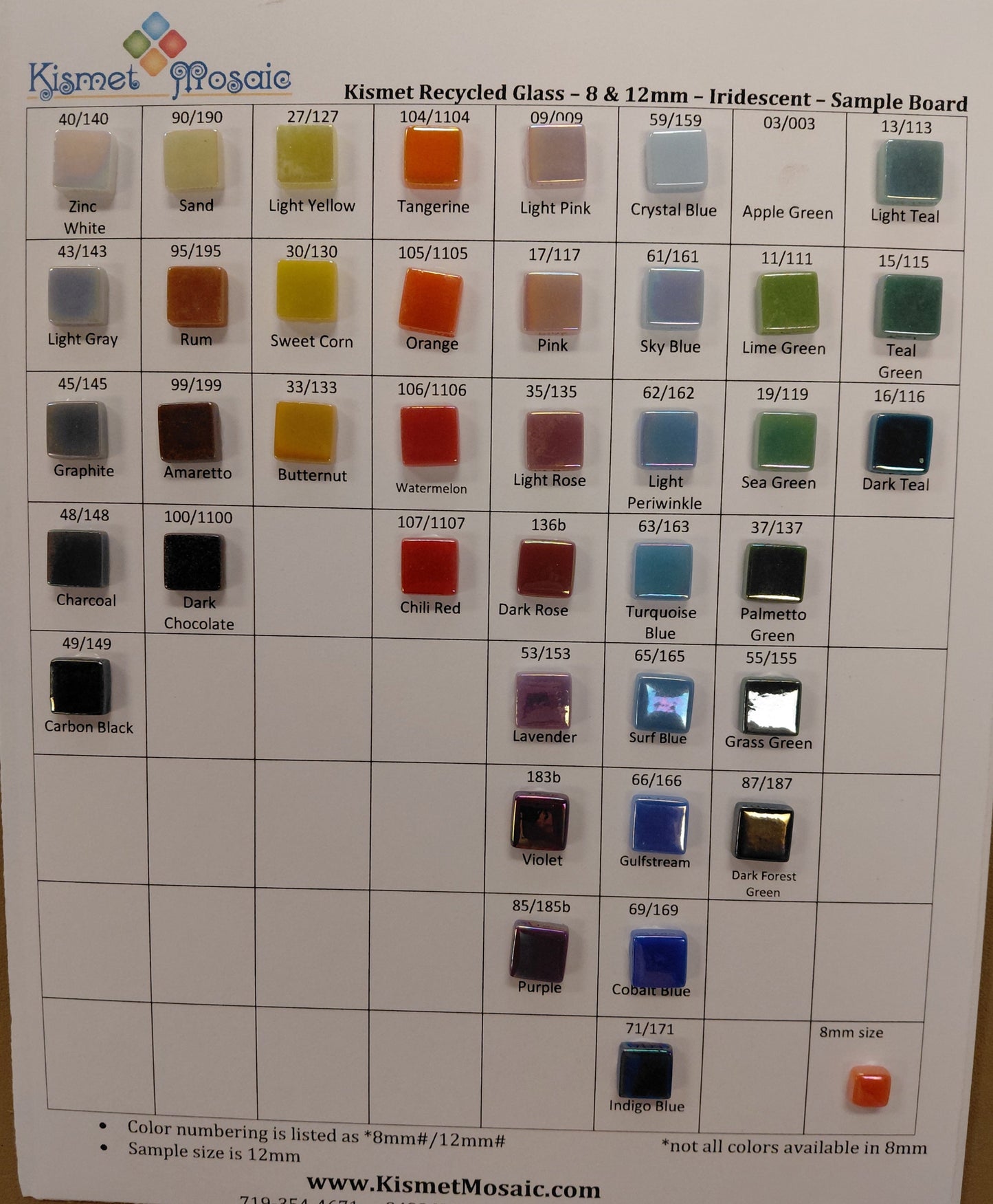 Color swatch chart for Kismet Recycled Glass with various color samples.