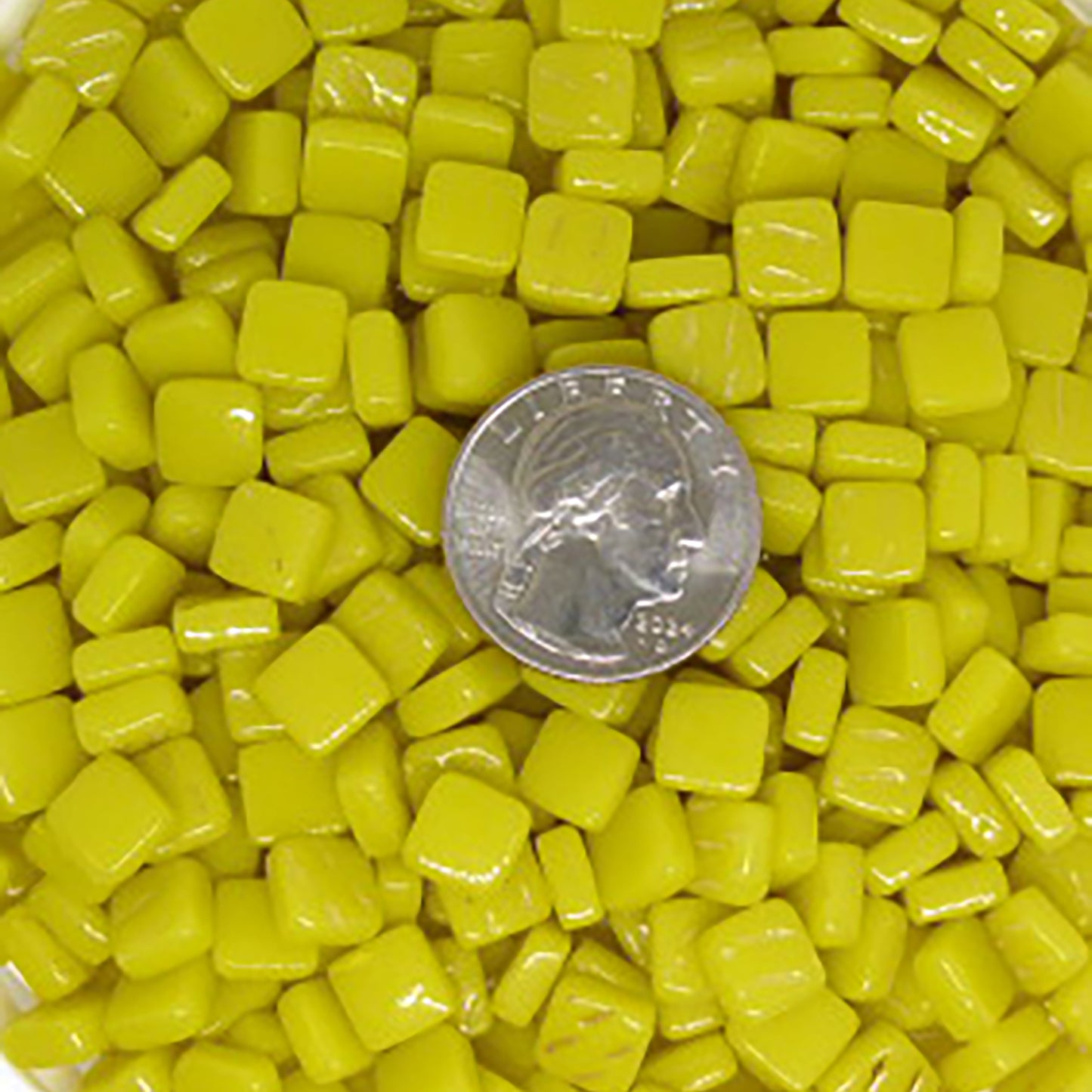 Sweet Corn yellow glass mosaic tiles with quarter showing 8mm size, perfect for mosaic artwork and home decor projects
