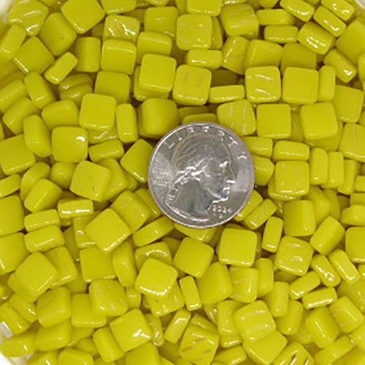 Sweet Corn yellow glass mosaic tiles with quarter showing 8mm size, perfect for mosaic artwork and home decor projects