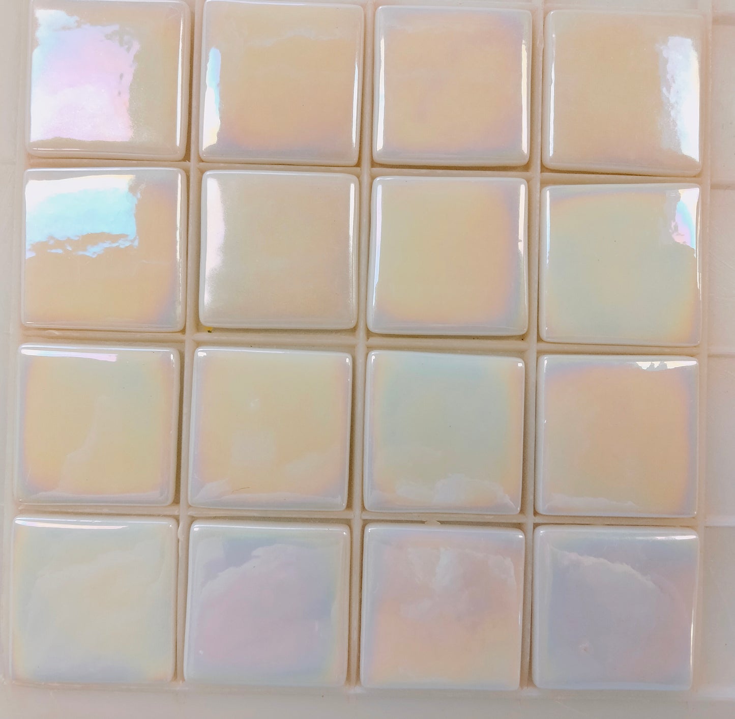 25mm/1" square tiles, recycled glass, iridized finish, sheeted glass tile for installation