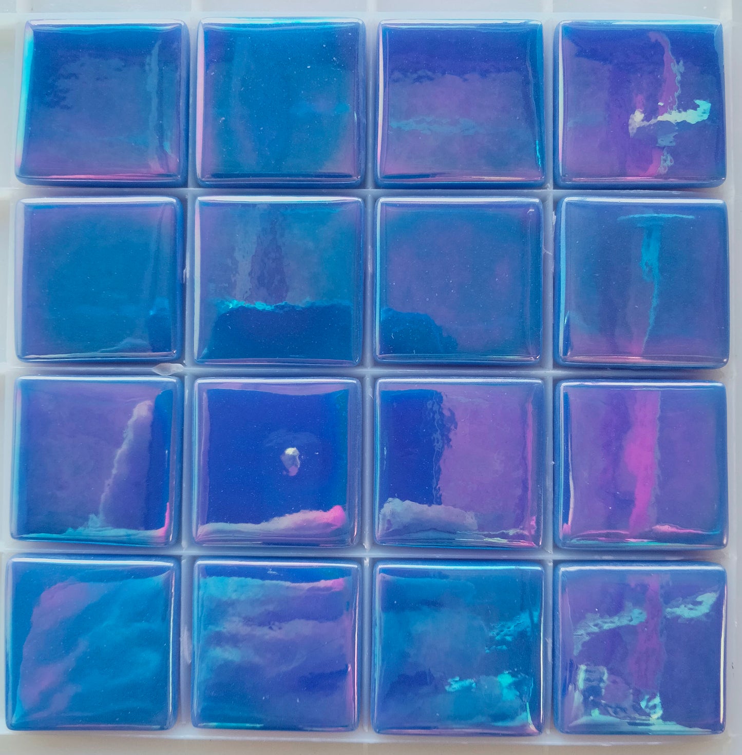 25mm/1" square tiles, recycled glass, iridized finish, sheeted glass tile for installation