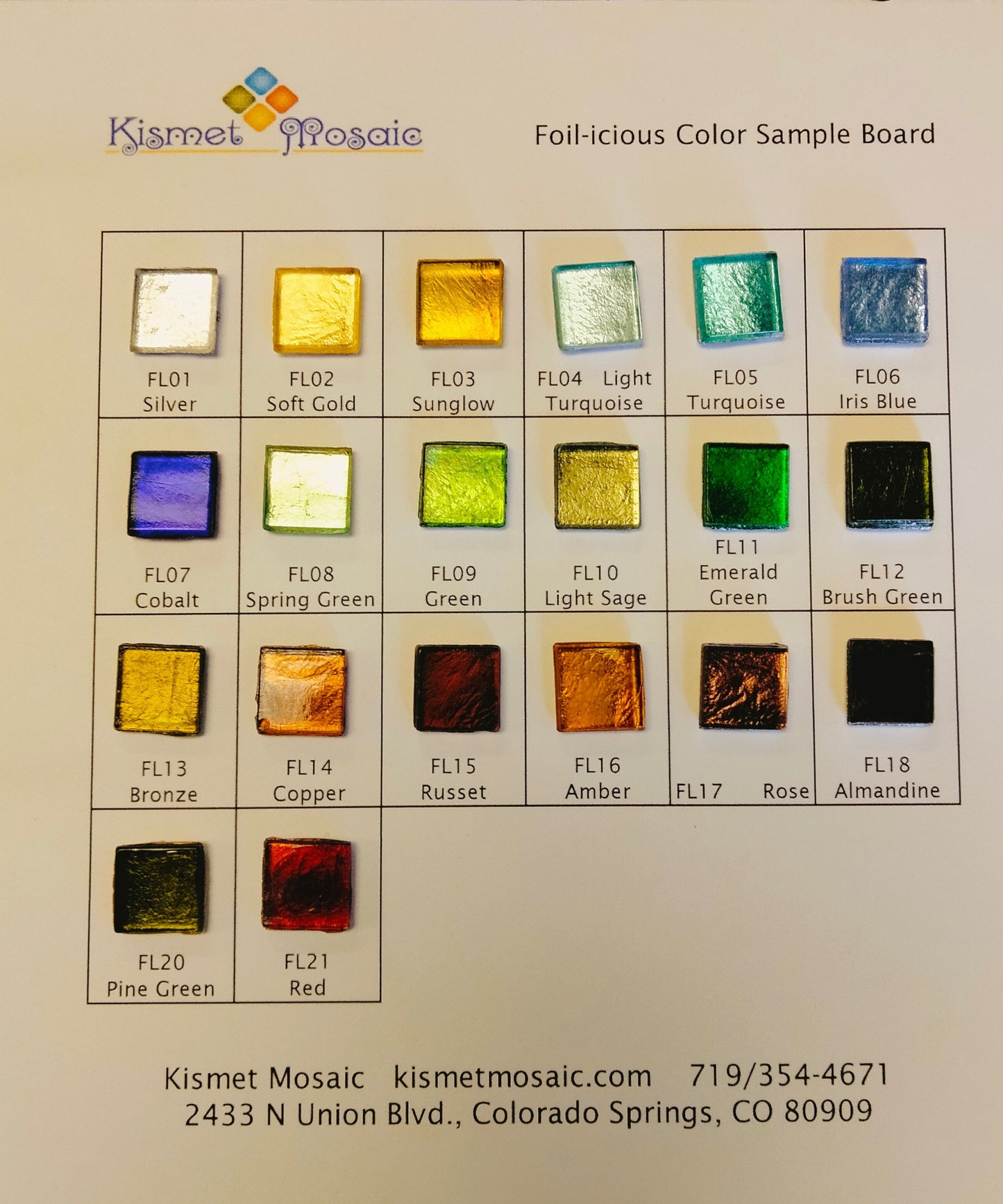 A sample board displaying a variety of foil-icious mosaic tiles in different colors.