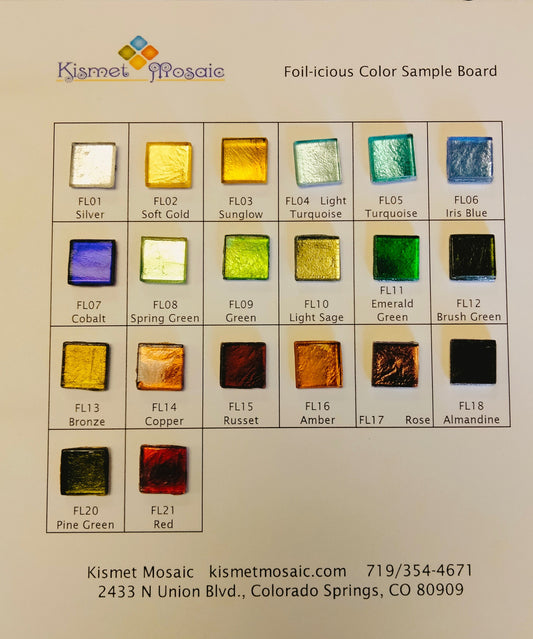 A sample board displaying a variety of foil-icious mosaic tiles in different colors.