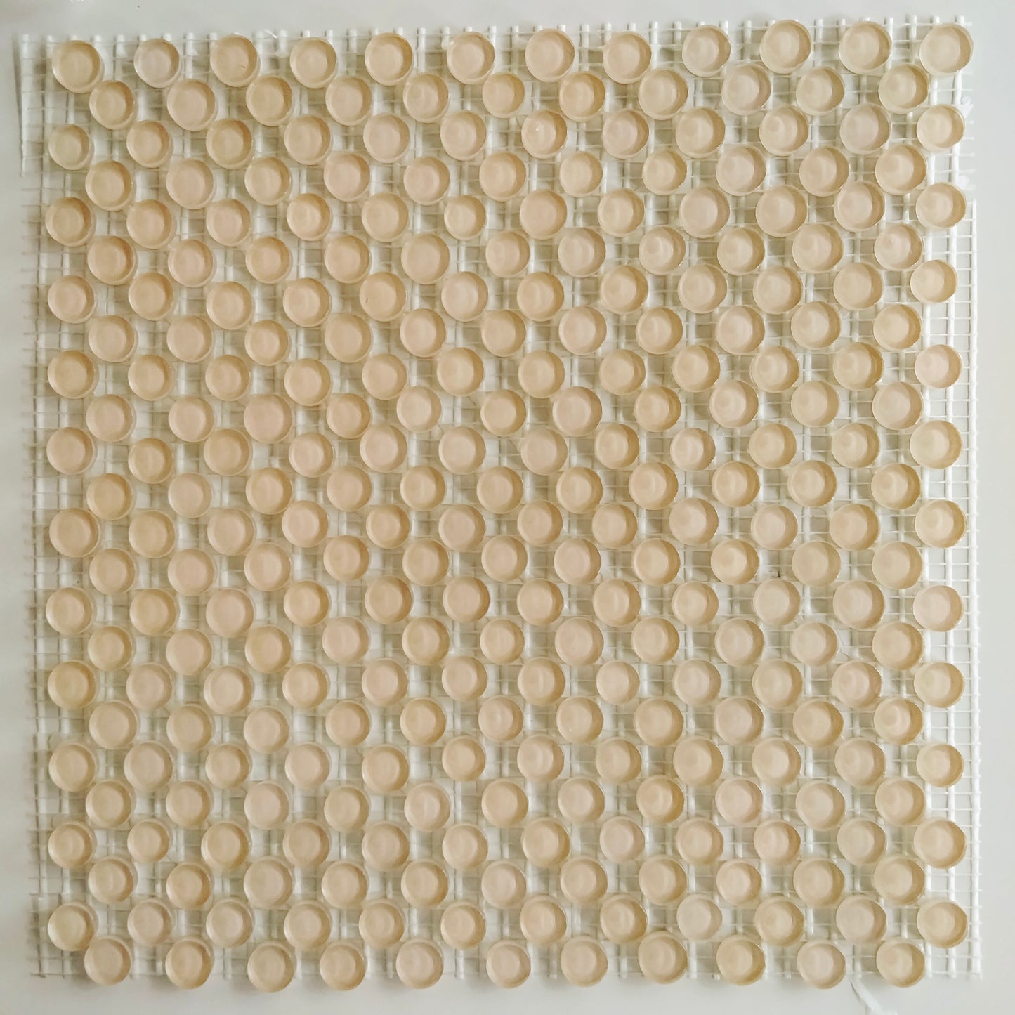 K420 Ivory crystal glass mosaic tiles sheeted square foot glued to fiberglass mesh.