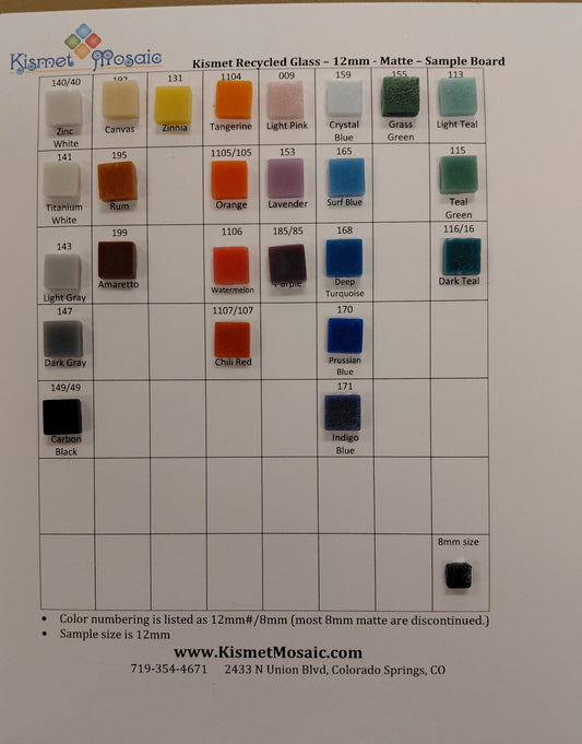 Color swatch chart for Kismet Recycled Glass mosaic tiles with various color samples. matte finish