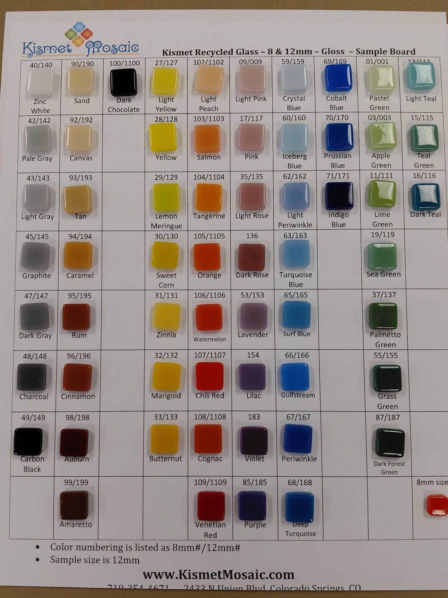 12mm Gloss Sample board, tile colors, kismet tile