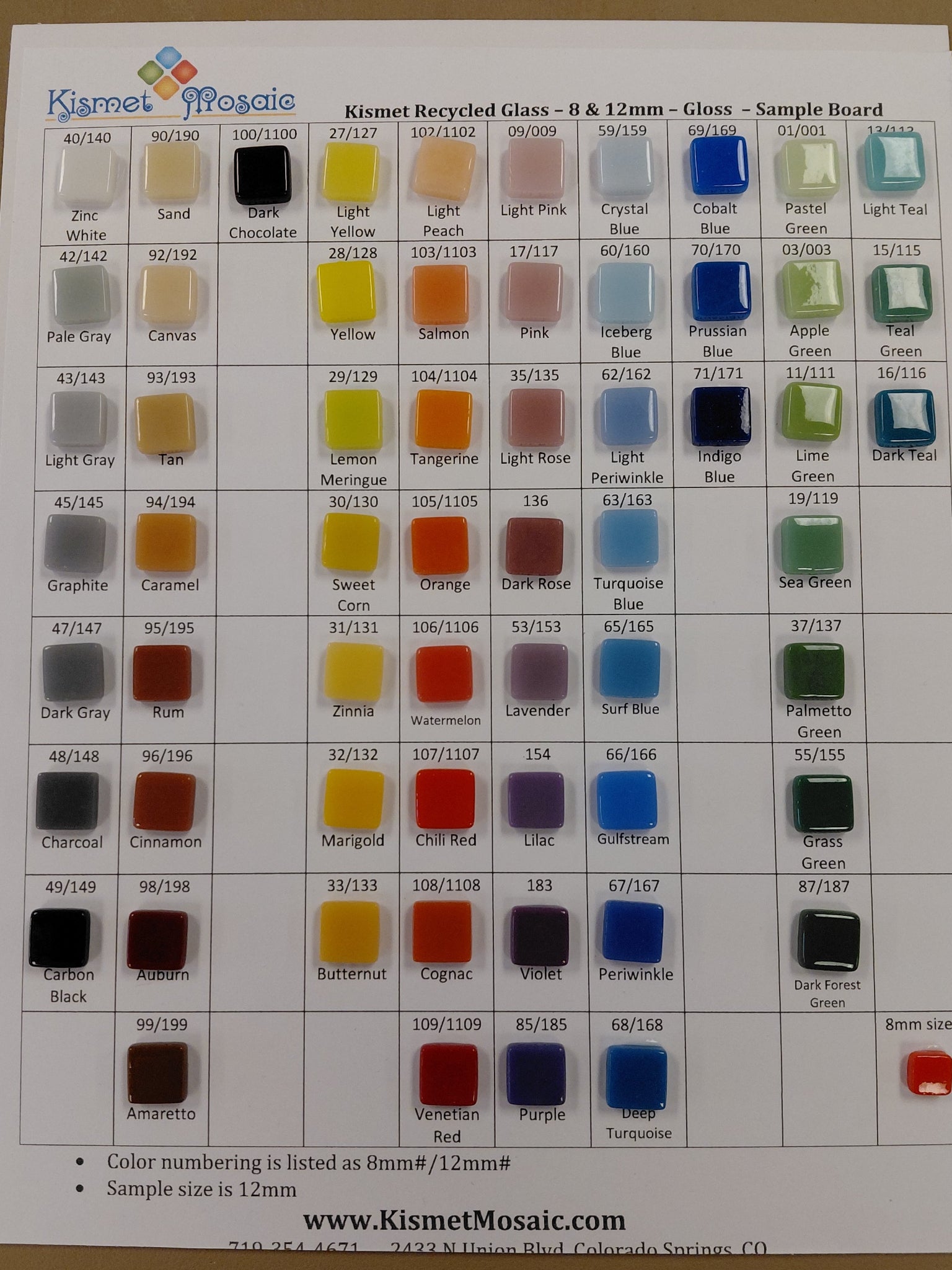 12mm Gloss Sample board, tile colors, kismet tile