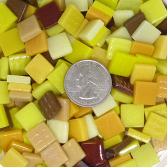 A mix of yellow, tan, and brown recycled glass mosaic tiles. 12mm mix