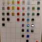 Color swatch chart for Kismet Recycled Glass with various color samples.