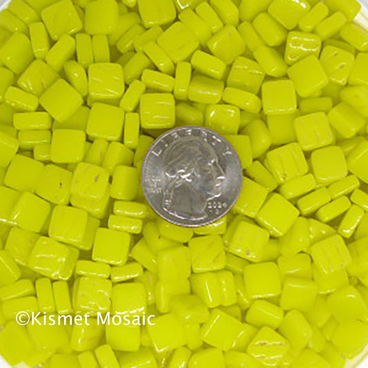 Vibrant yellow mosaic tiles, square, recycled glass, ideal for mosaic projects or decor.