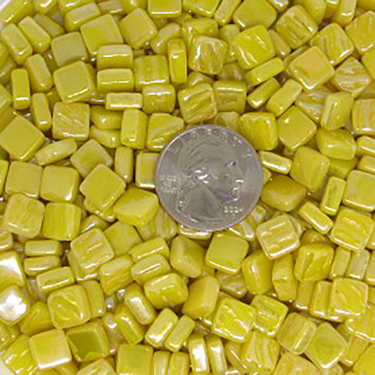 30-i Sweet Corn Kismet 8mm iridescent mosaic tiles in golden yellow-green with reflective finish, ideal for mosaic artwork, bathroom walls, and decorative tile projects