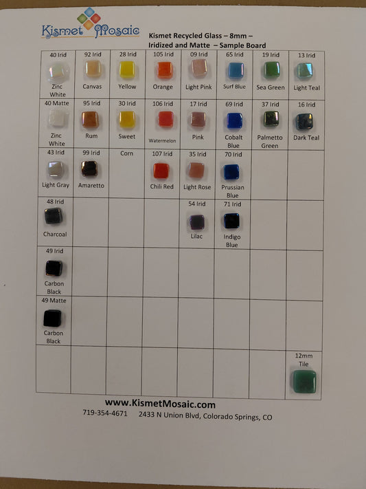 A color sample chart for iridized and matte 8mm Kismet tile.