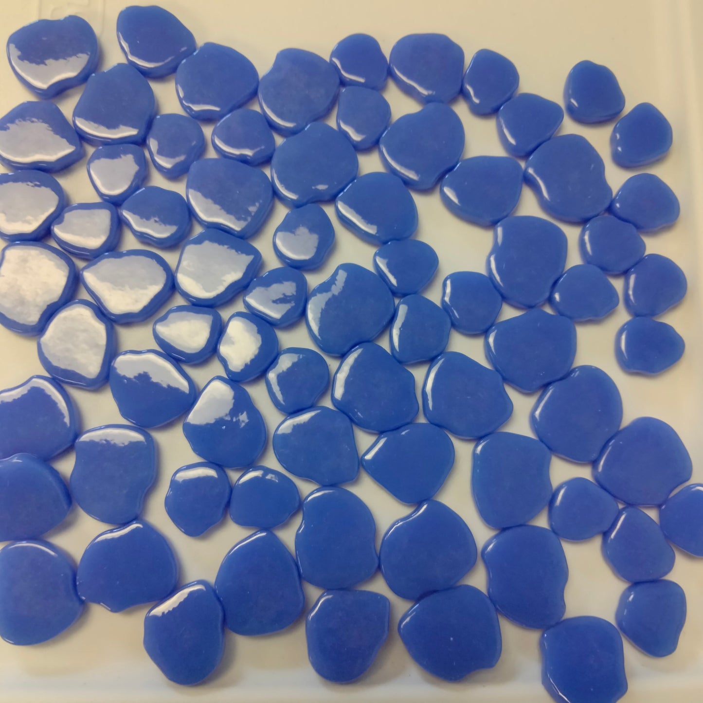 A collection of blue periwinkle glossy mosaic tiles with a petal shape.