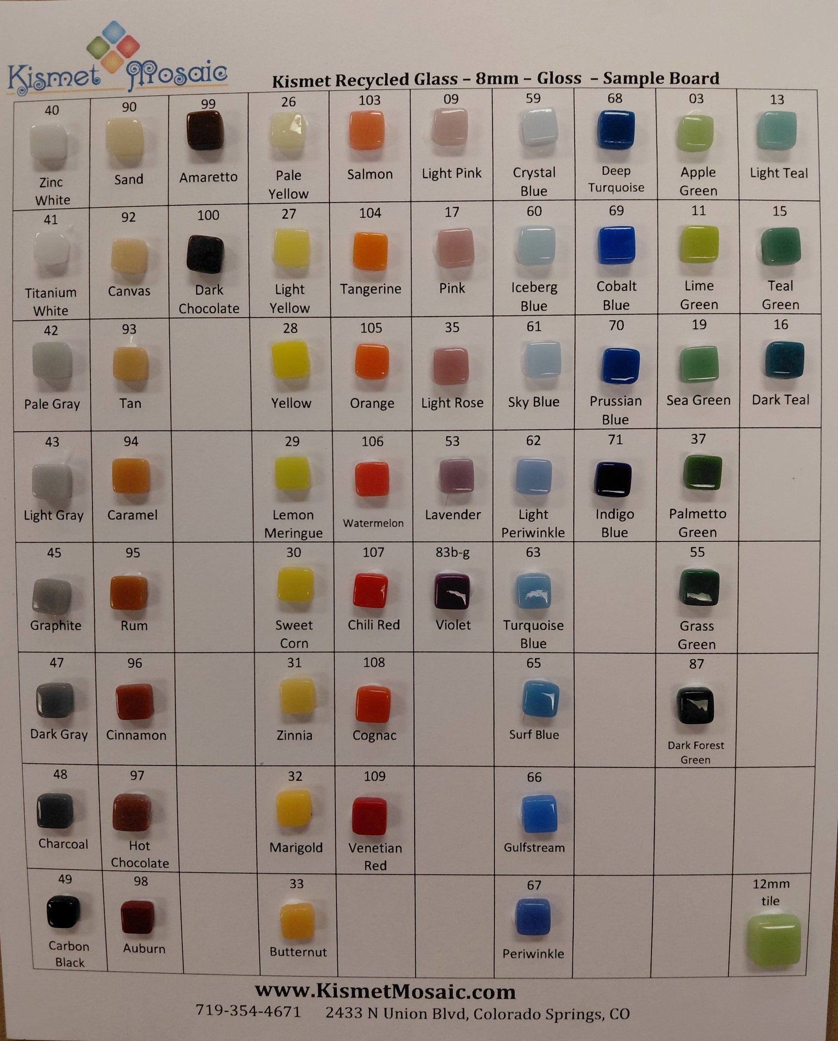 Color swatch chart for Kismet Recycled Glass with various color samples.