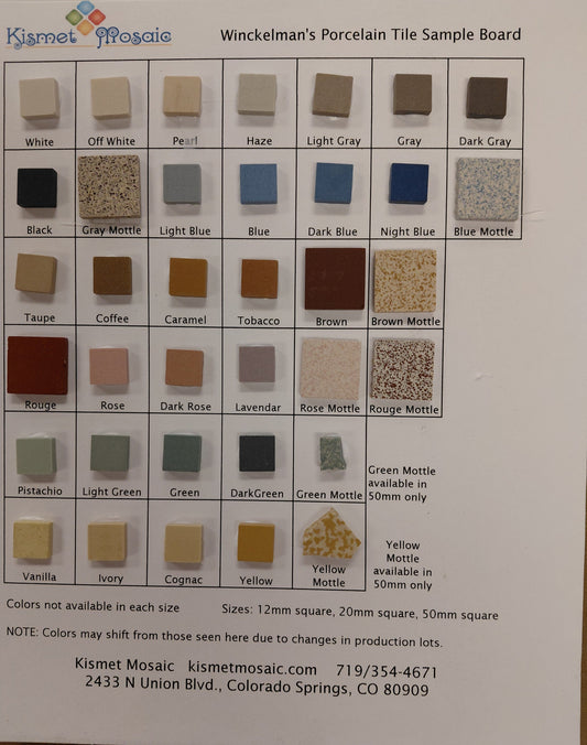 Color swatch chart for Winckelman's Porcelain Tile with various color samples.
