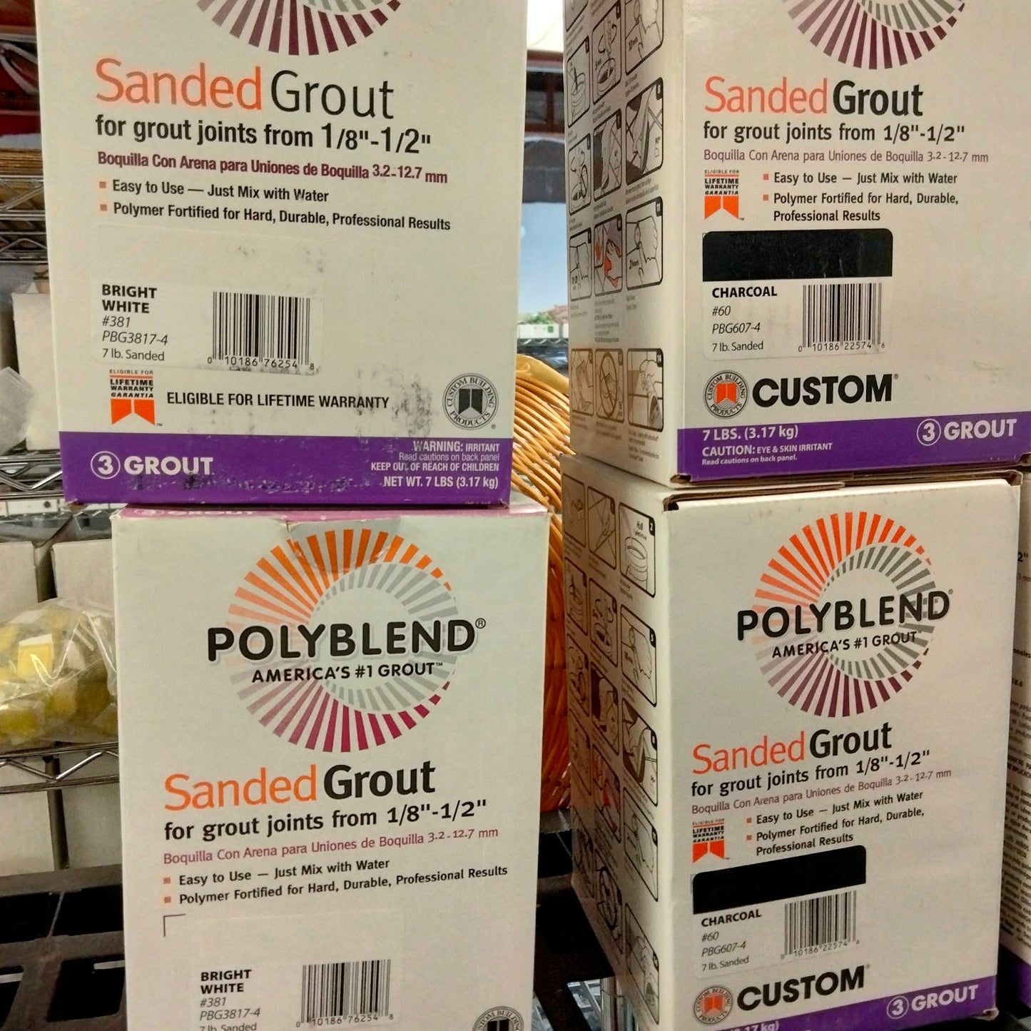 Boxes of Sanded Grout and Polyblend Sanded Grout on a shelf
